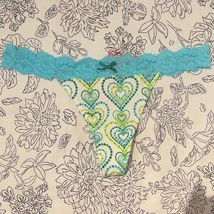 NWT Vintage Victoria's Secret Pink Heart Blue & Green Lace Bow Thong